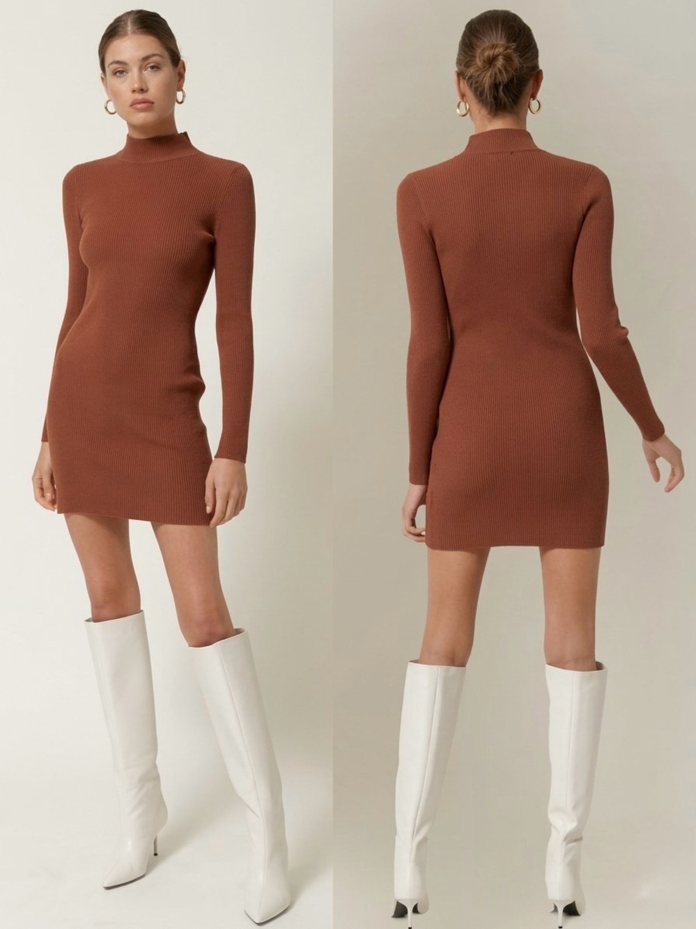NWT Line & Dot Reiss Long Sleeve Mock Neck Ribbed Sweater Mini Dress Chocolate L